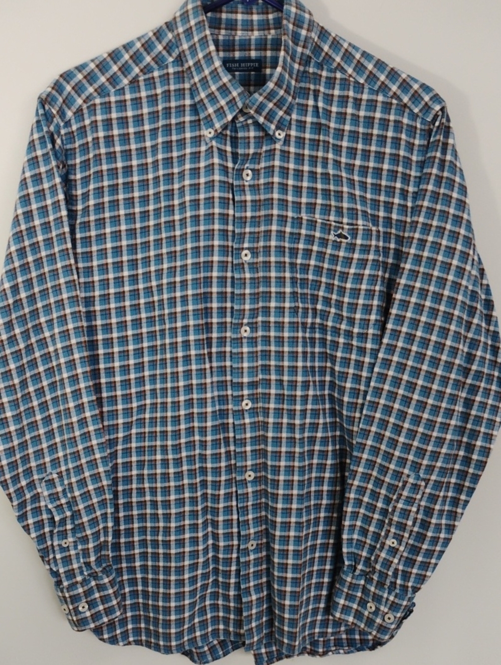Fish Hippie Men's Plaid Cotton Flannel Button Down Shirt Blue Brown EUC Size L